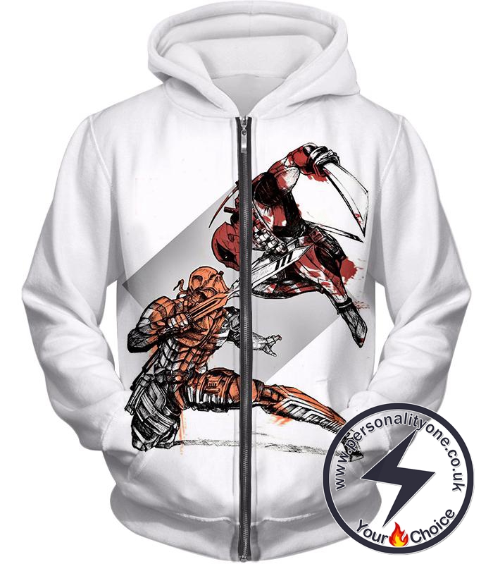 Ultimate Fan Art Deadpool vs Deathstroke Cool Action White Zip Up Hoodie